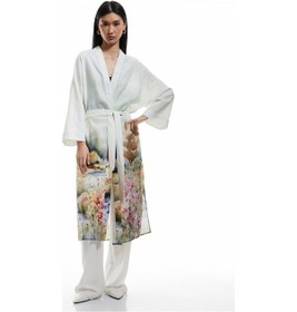 Resim Koton Viskon - Pamuk Kumaş Kuşak Detaylı Desenli Uzun Kimono Yeşil Desenli 5sak50037uw Yeşil Desenli Yeşil 