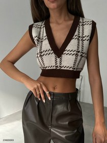 Resim V Yaka Bej Kahverengi Crop Süveter - S 