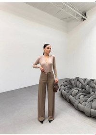 Resim 230 Gr Poly Viscose Lycra Metal Düğme Palazzo Pantolon Vizon 