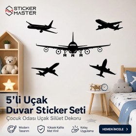Resim 5'li Uçak Duvar Sticker Seti - Çocuk Odası Uçak Silüet Dekoru - Açık Mavi 