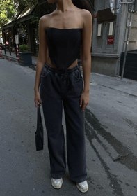 Resim Arkadan Yırtmaçlı Jeans Kot Palazzo Pantolon - Siyah Siyah 