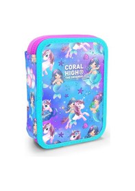 Resim Coral High Kids Mor Pembe Unicorn Deniz Kızı Desenli Çift Katlı Kalem Çanta 11138 Lila 