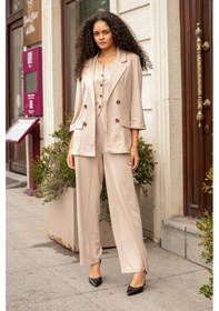 Resim Kadın Süet Dokulu Kumaş Yakalı Capri Kol Cep Kapaklı Blazer Ceket-bej Bej 