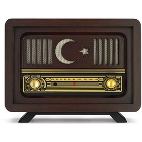 Resim Ahşap Nostaljik Radyo Ay Yıldız Model Kahverengi (Şarjlı Pil+Adaptörlü) 