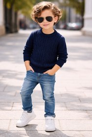 Resim CLOUDY WEAR&DESİGN Erkek Çocuk Bisiklet Yaka Örgü Desenli Triko Kazak (2-5 Yaş) 