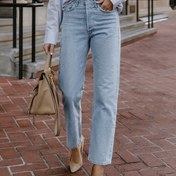 Resim Kadınlar İçin Esnek Slim Fit Şık İngiliz Tarzı Düz Paça Pantolon, İş ve Günlük Kullanım veya Seyahat için Çift Amaçlı, Moda Klasik Yıkanmış Kot Pantolon, Tüm Mevsimlerde Rahat Giyim 