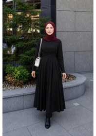 Resim Esnek Krep Kumaş Belden Kuşak Detaylı Pileli Şık Tesettür Elbise Özel Gün Ve Davet Elbisesi Siyah 