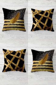 Resim Pelangi Gold Şeritli Ve Kuş Tüyü Desenli Gizli Fermuarlı Kırlent Kılıfı Koltuk Yastık Kılıfı Takım(4adet), Gold-Siyah 45 x 45 