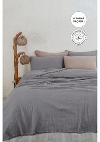 Resim %100 Pamuk Çift Kişilik Müslin Yatak Örtüsü 4 Katlı Yumuşak Battaniye Müslin Pike Takımı 3 Parça Gri Gri 