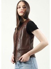 Resim Dericlub Vittoria Kadın Düğmeli Slim Fit Hakiki Deri Yelek Fındık Koyu Kahve 