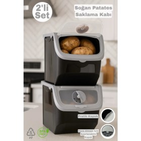 Resim Funny Life 2 Li Çok Amaçlı Plastik Patates Soğan Sarımsak Saklama Kutusu 12 Litre - Erzak Kabı - Gri 