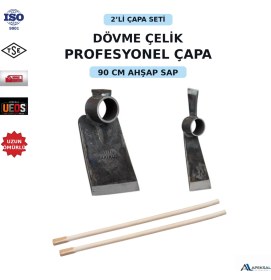 Resim Apeksal Dövme Çelik 2’li Çapa Seti - 90 cm Ahşap Saplı Baltalı Kök , Tekli Adana Bahçe & Tarım Çapası 