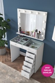 Resim Rani Mobilya Rani Bj117 Hollywood Işıklı Aynalı Kulis Makyaj Masası Cam Tablalı Takı Düzenleyici Beyaz 