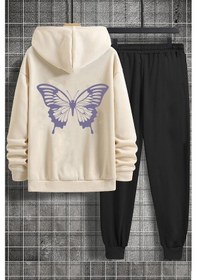 Resim Uyguntarz Unisex Butterfly Baskılı Eşofman Takımı Bej 