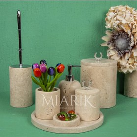 Resim MIARIK DESIGN & DEKORASYON DEKORATİF DOĞAL TRAVERTEN MERMER BANYO SETİ TAKIMI AKSESUAR DETAYLI 