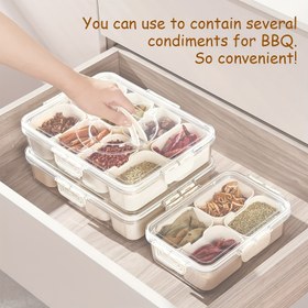 Resim 1 adet Bölünmüş Servis Tepsisi Kapaklı ve Tutma Saplı - Taşınabilir Plastik Sebzeler Tepsisi, Parti Tabak, Gıda Saklama Kutusu 8 Bölmesi Şeker, Meyveler, Fındık, Atıştırmalıklar, Piknik, Barbekü Baharatları Saklama | Dikdörtgen Şekil | Tekrar Kullanılabilir Konteyner 