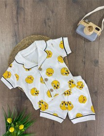 Resim Kruvaze Yaka Önden Düğmeli Rahat Kalıp Yazlık Unisex Bebek Pijama Takımı %100 Pamuk 4bb2 Beyaz 