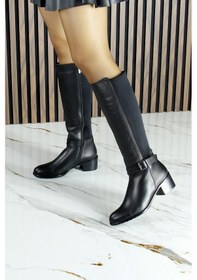 Resim Erkan Saçmacı Siyah Hakiki Dana Derisi Streç Tokalı Fermuarlı Yuvarlak Burun Kalın Topuklu Çizme Siyah 