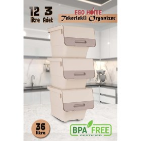 Resim Feyza Design 3'lü Tekerlekli Sebzelik Seti, Mote Krem, 36 Lt, Pratik ve Şık Tasarım 