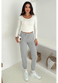 Resim Kadın Bağcıklı Jogger Pantolon & Eşofman Altı Sportif & Enerjik Stil Gri 