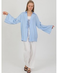 Resim Doğal Viskon Kumaş Cepli Bağcıklı Kadın Kimono 1167 Hafif, Dökümlü, Akışkan, Yazlık Model Mavi 