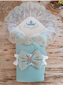 Resim Yenidoğan Kuzulu Taç Nakış Güpürlü Fiyonklu Duvaklı Prizma Taş Unisex Kundak Bebek Battaniyesi Su Ye Su Yeşili 