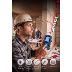 Resim Assur 50 Metre Profesyonel Lazer Terazili Dijital Mesafe Ölçer Mavi Renk Sınıf II Lazer Cihazı 