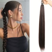Resim Kadınlar için 71.12cm Jet Siyah Örgülü Atkuyruğu Uzatımı - Yüksek Sıcaklık Dayanıklı Sentetik Fiber, Güvenli Elastik Bant, Anında Hacim ve Uzunluk, Her Gün Glamür için Mükemmel 