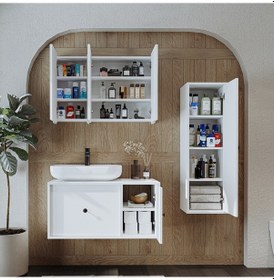 Resim Oval Lavabolu Mat Mdf 90 Cm Banyo Dolabı + Aynalı Dolap Beyaz Mat Beyaz 
