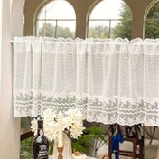 Resim Küşük Mutfak Küçük Pencere Çubuk Cebi Üstü Ülke Evi Vintage Voile Çiftlik Perdeleri için Kore Tarzı Taze Polka Nokta Tul Stitched Dantel İşleme Kısa Valans Perde 