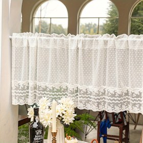 Resim Küşük Mutfak Küçük Pencere Çubuk Cebi Üstü Ülke Evi Vintage Voile Çiftlik Perdeleri için Kore Tarzı Taze Polka Nokta Tul Stitched Dantel İşleme Kısa Valans Perde 