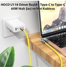 Resim Hoco U118 Döner Başlıklı Type-c To Type-c 60w Hızlı Şarj Ve Veri Kablosu- 5775 