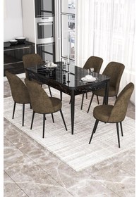 Resim Canisa Concept Kor Serisi, 70x114 Açılabilir Yemek Masası Takımı, Siyah Mermer Desen Masa Ve 6 Kahve Sandalye Masa Siyah Mermer Desenli Sandalyeler Kahve 