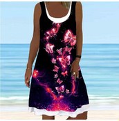 Resim Kırmızı Kadın Çiçek Sahte İki Parçalı Mavi Kelebek Baskılı Kolsuz Yuvarlak Yaka Elbise Gevşek Yumuşak Rahat Büyük Beden Elbise Kırmızı 