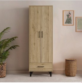 Resim Dolap, Blesk 2 Kapaklı Çekmeceli Raflı Ceviz Dolap Gardırop 