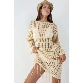 Resim Hiccup Kadınlar %100 Pamuk Delikli Maxi Triko Plaj Elbisesi Natural 