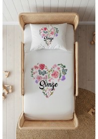 Resim %100 Pamuk Saten İsme Özel İsimli 100x200 Tek Kişilik Lastikli Çarşaf Seti Çiçek Kalp Beyaz 