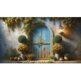 Resim Venspor Rustik Mavi Kapı ve Çiçeklerle Süslü Bahçe Temalı Arkaplan 200 x 150 cm Fon Duvar Örtüsü 