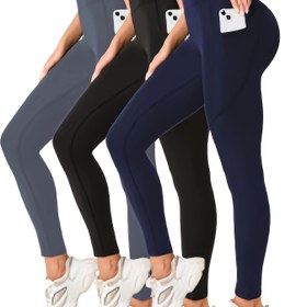 Resim 3'lü Yüksek Bel Yoga Taytı Cepli - Karın Kontrolü, Zayıflama Etkisi, Esnek ve Nefes Alabilen Kumaş, Siyah/Kahverengi/Gri, Yoga ve Günlük Kullanım İçin Mükemmel 