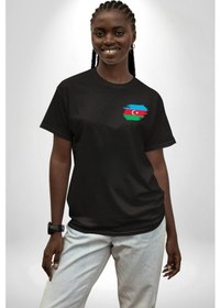 Resim Azerbeycan Bayrağı Siyah Oversize Unisex Ön Sol Yan Minimal Baskılı Tişört Koyu Siyah 