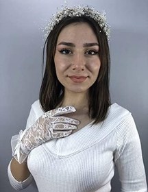 Resim Beyaz Fiyonklu Dantelli Eldiven Ve Krem İncili Taç Nikah Takımı 