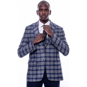 Resim Wessi Ekose Sivri Yaka Slim Fit Mavi Erkek Ceket - Wessi Mavi 