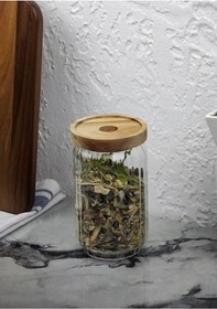 Resim Timber Cam Kavanoz - Çizgili Saklama Kavanozu - Ahşap Kapaklı, 750 Ml 