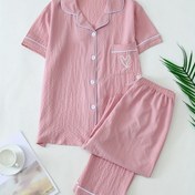 Resim Kadınların Kalp Nakışlı Dokulu Rahat Pijama Takımı, Kısa Kollu Düğmeli Yaka Üst ve Pantolon, Rahat Rahat Kesim 