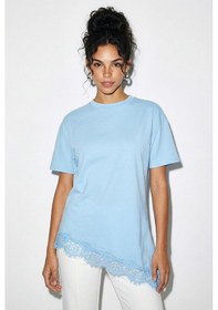 Resim Shade Kadın Dantel Detaylı Asimetrik Kesim Kısa Kollu T-shirt 1078 60286069 - Bebe Mavisi 