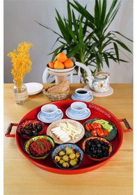 Resim 51 CM Kırmızı 37 CM Siyah 2 Li Metal Yuvarlak Tepsi Sunum Tep . 