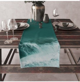Resim Özge Okurer Runner Marin Dalga Desenli Keten Masa Örtüsü Runner 