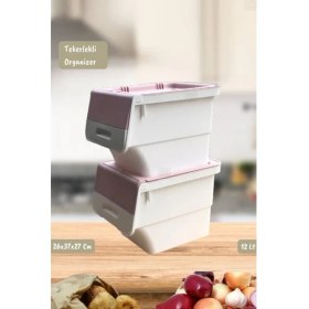 Resim 2’li Tekerlekli Patateslik Soğanlık Erzak Kutusu Organizer Sebzelik Beyaz-Pembe 24 Lt 