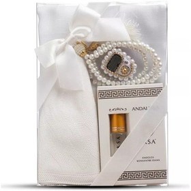 Resim Eşarp + Takke + Esans + Tesbih + Zikirmatik Hediye Seti Asetat Kutulu, Beyaz Beyaz 