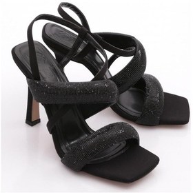 Resim Dgn 2032 Kadin Sirali Kalin Sirali Ve Çapraz Bantli Silver Taşli Topuklu Sandalet Siyah Saten 
